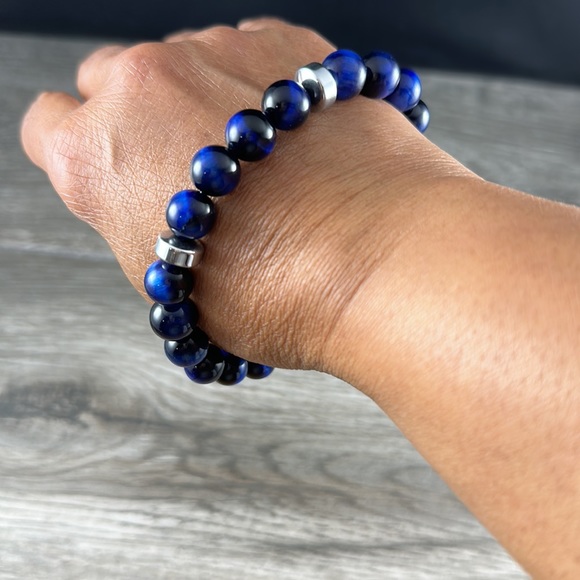 Genuine blue tiger’s eye handcrafted mens bracelet. 10mm. Sz 7.75” - Picture 2 of 2